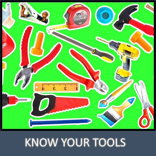 Collection of tools such as screwdriver, tape measure and others