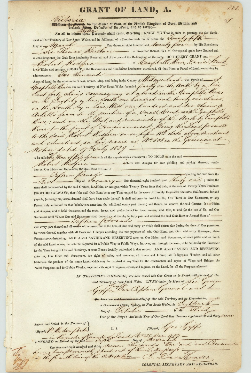 Land Grant to Robert Redfern, 1839