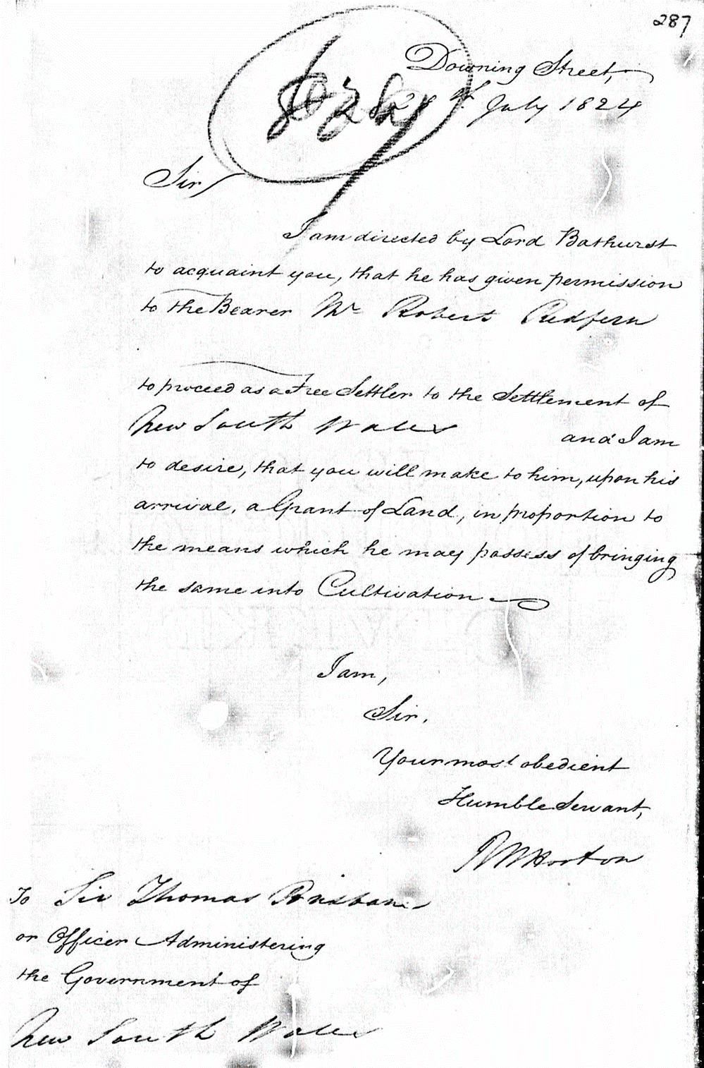 Page of old handwriting from Colonial Secretary NSW papers