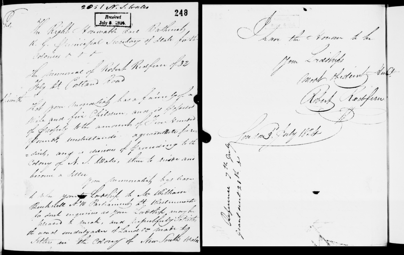 Letter to Earl Bathurst from Robert Redfern 1824