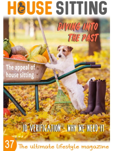 House Sitting Magazine Cover with dog standing behind a wheelbarrow full of pumpkins and vegetables